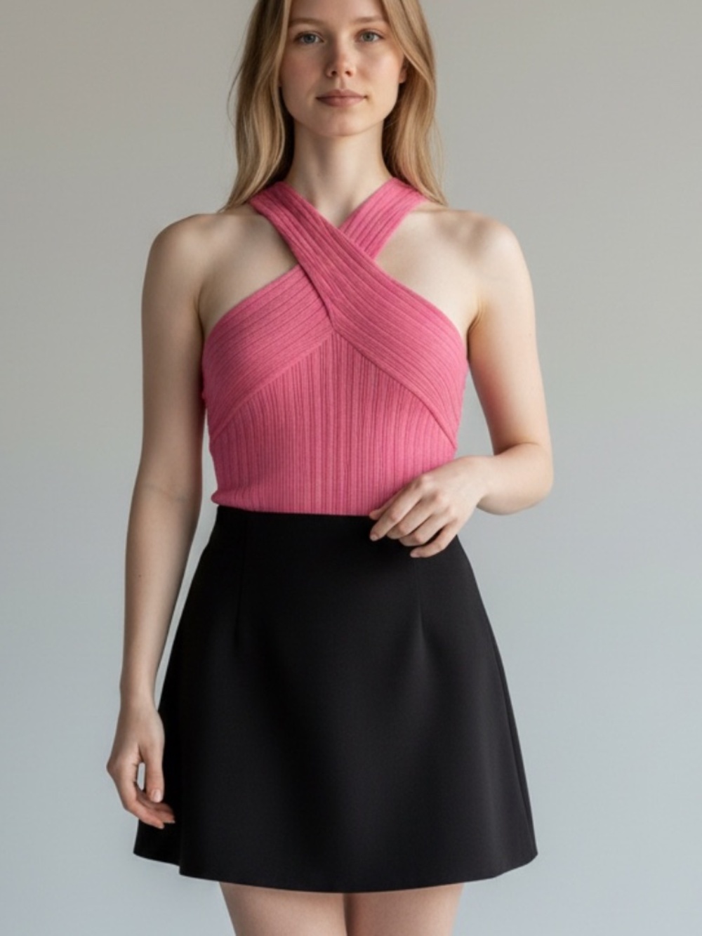 Forever 21 Pink Ribbed Cross-Front Halter Knit Bodysuit Size XL
